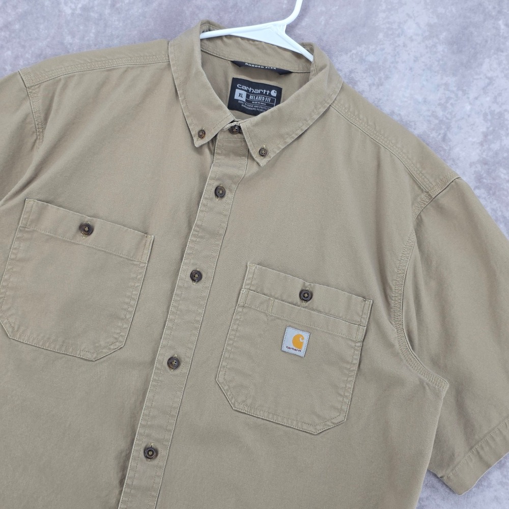 Carhartt Rugged Flex Button Down Shirt Mens XL Relaxed Fit Short Sleeve Khaki
